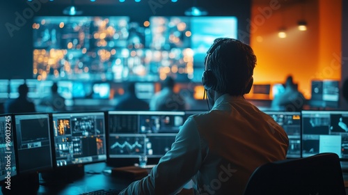 People engaged in monitoring data in a high-tech control center at night, focused on multiple screens displaying real-time information and analytics. 
