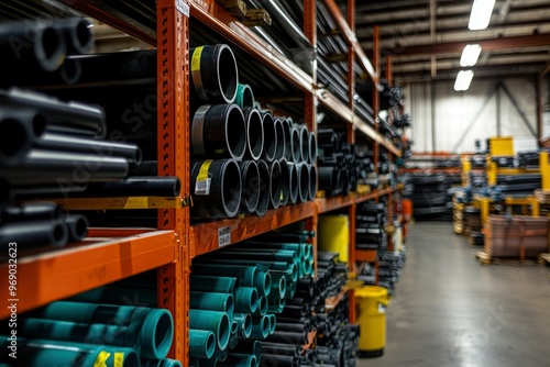 Rows of PVC Pipes on Orange Shelves in a Warehouse