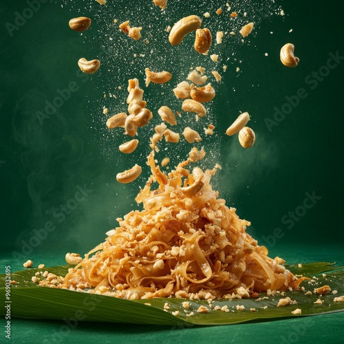 240807 136. An epic stylized advertise photo of Pad Thai bursting energetically from a banana leaf, along with crushed peanuts floating up, set against an emerald green background photo