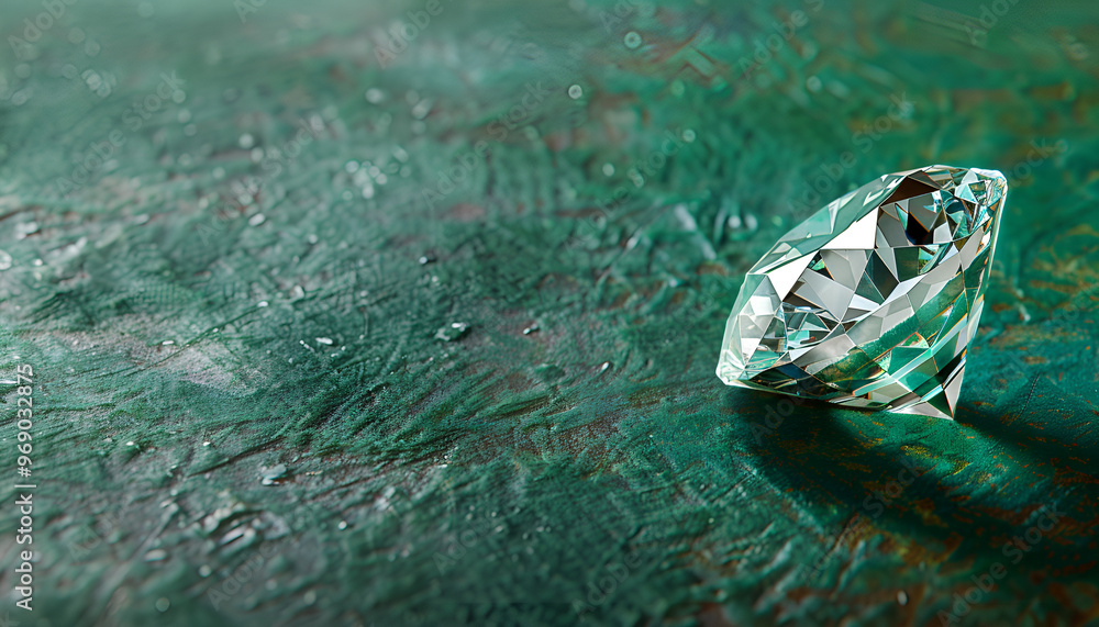 Beautiful dazzling diamond on green textured background, closeup. Space for text Beautiful dazzling diamond on green textured background, closeup. Space for text