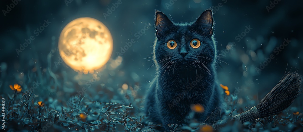Enchanting black cat under a glowing moonlit night surrounded by magical atmosphere with flowers and a broomstick. Enchanting black cat under a glowing moonlit night surrounded by magical atmosphere with flowers and a broomstick.