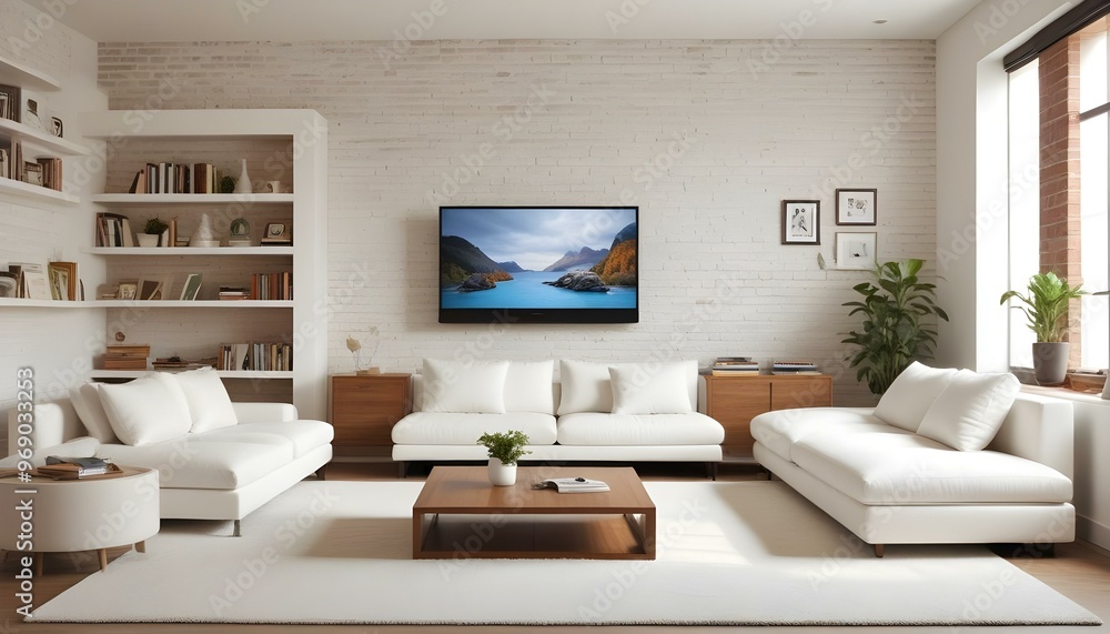 Photo modern style interior room 3d illustration Interior frame living room with colorful white sofa,led with blank frame Photo modern style interior room 3d illustration Interior frame living room with colorful white sofa,led with blank frame