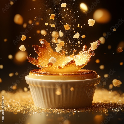 240807 144. An epic stylized advertise photo of velvety creme brulee bursting energetically from a vintage porcelain ramekin, along with crystallized sugar fragments floating up, set against a rich photo