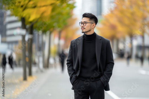 Portrait of a businessman against the backdrop of an autumn street near a business incubator, a CEO reflecting on the launch of a new project during a break