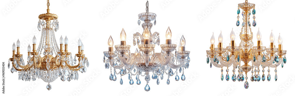 Luxurious crystal chandeliers in gold and silver for elegant home decor transparent background Luxurious crystal chandeliers in gold and silver for elegant home decor transparent background