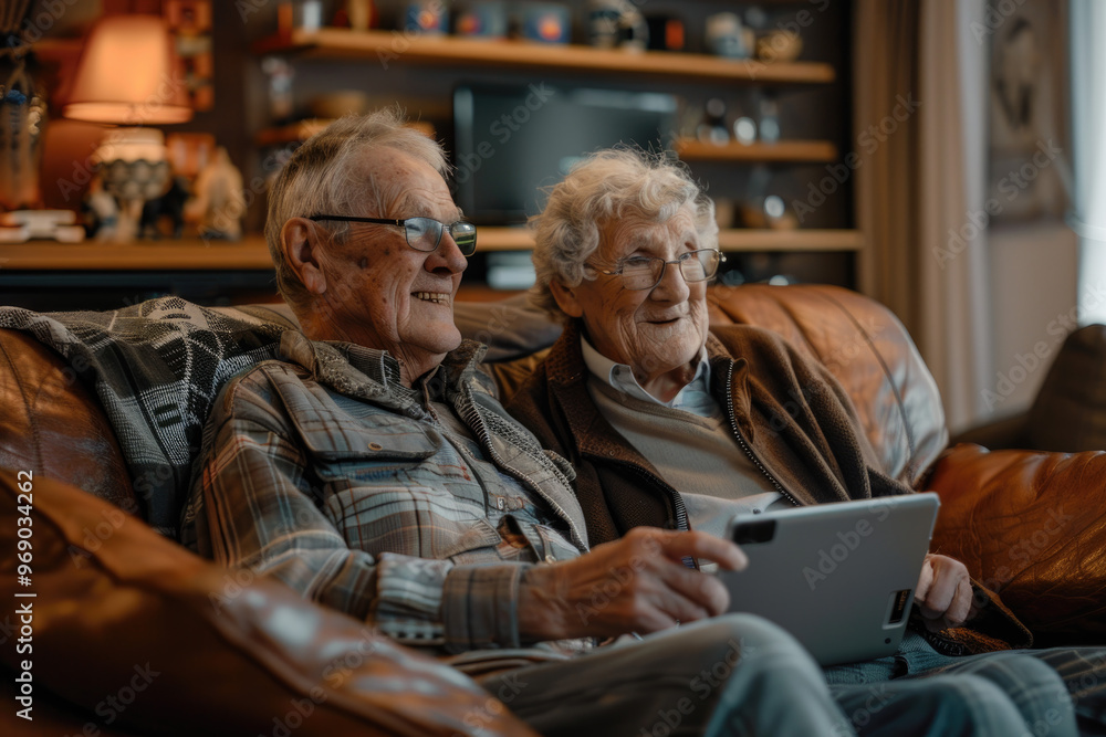 Happy Senior Couple Relaxing on Couch Smiling While Using Tablet in Cozy Home Setting Happy Senior Couple Relaxing on Couch Smiling While Using Tablet in Cozy Home Setting