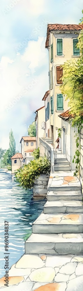 Fototapeta premium Charming canal view with quaint buildings, vibrant flowers, and serene waters, perfect for evoking tranquility and inspiration.