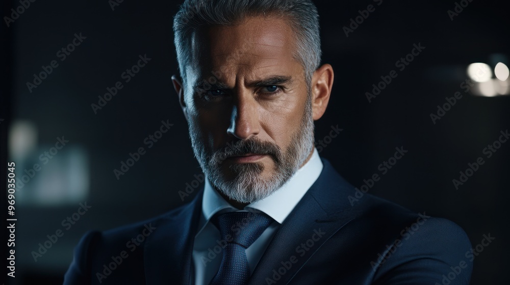 Close-up portrait of a mature man with gray hair and beard, wearing a dark blue suit and tie Close-up portrait of a mature man with gray hair and beard, wearing a dark blue suit and tie