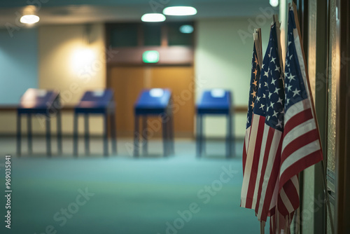 American flag standing at polling place. Presidental elections. photo