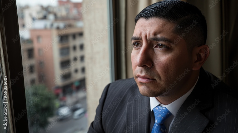 A Businessman Gazing Out a Window with a Pensive Expression A Businessman Gazing Out a Window with a Pensive Expression