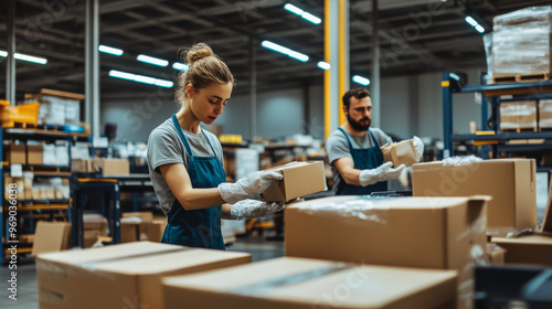 Eco-friendly packaging station in a modern warehouse, workers packaging products with biodegradable materials and minimal waste photo