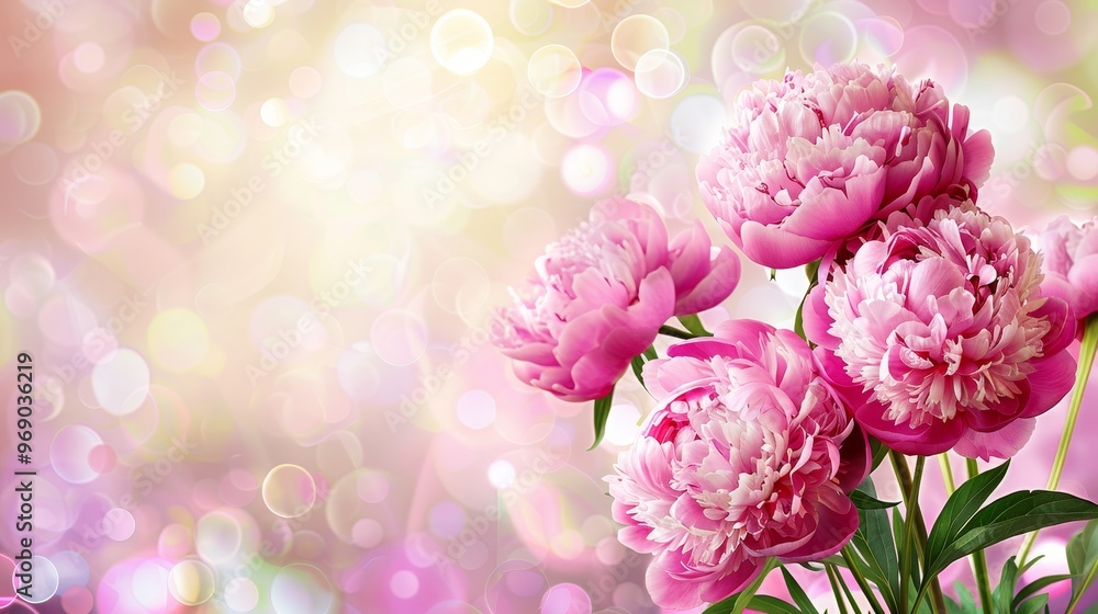 Beautiful Bouquet of Pink Peonies on a Soft, Sparkling Background, Perfect for Romantic Occasions. Beautiful Bouquet of Pink Peonies on a Soft, Sparkling Background, Perfect for Romantic Occasions.