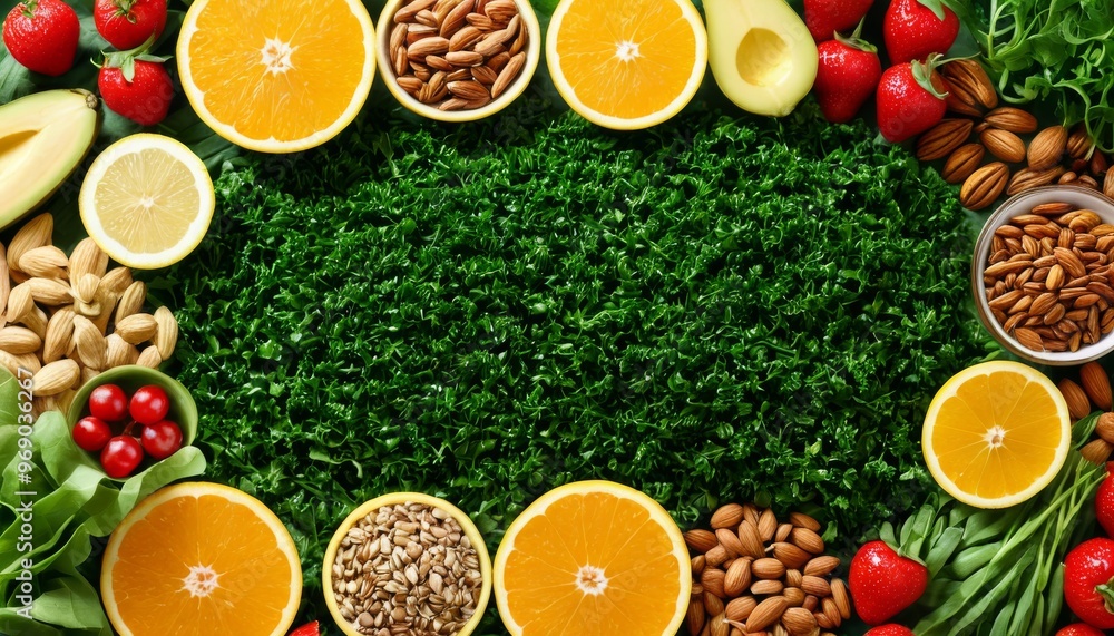 A top view of various fresh fruits, nuts, seeds, and leafy greens arranged in a circle around an empty space, perfect for inserting text or branding. The vibrant colors and natural textures create a A top view of various fresh fruits, nuts, seeds, and leafy greens arranged in a circle around an empty space, perfect for inserting text or branding. The vibrant colors and natural textures create a