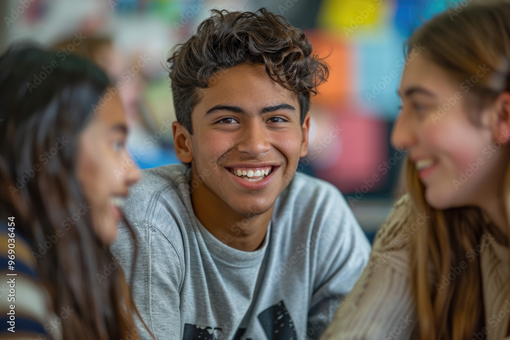 Young Adults Engaging in Group Discussion in Colorful Classroom Setting Young Adults Engaging in Group Discussion in Colorful Classroom Setting
