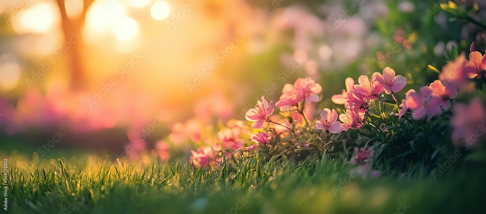 Pink flowers blooming in the grass at sunset. Pink flowers blooming in the grass at sunset.