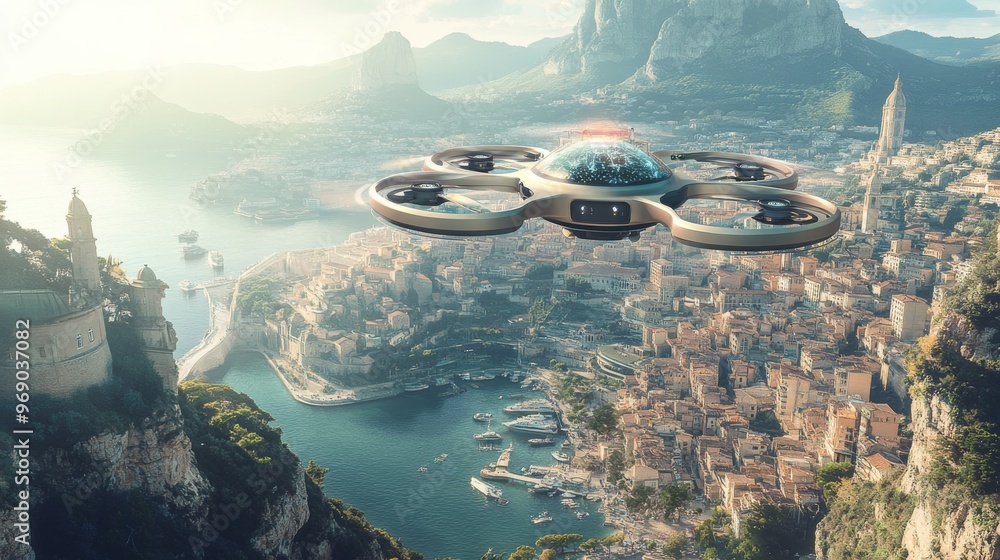 Obraz premium Autonomous AI-guided tour drones providing virtual city guides for tourists: Drones flying above tourist attractions, offering guided tours via AI-generated commentary.