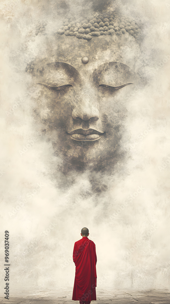 Obraz premium A serene scene where a monk in a vivid red robe stands with their back to the viewer, gazing up at a colossal, ethereal Buddha face that seems to form out of mist and smoke