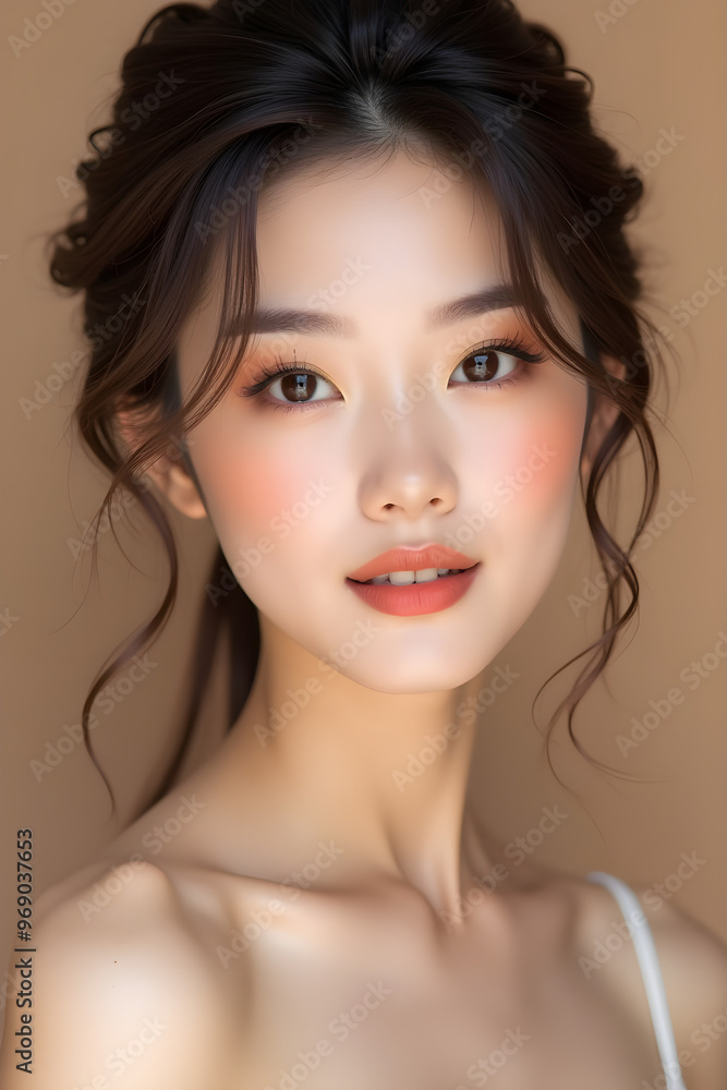 Pretty woman of Asian appearance makeup luxury charm beige background Pretty woman of Asian appearance makeup luxury charm beige background