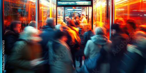 Chaotic Scramble: People scrambling to find seats at a crowded bus stop during rush hour. photo