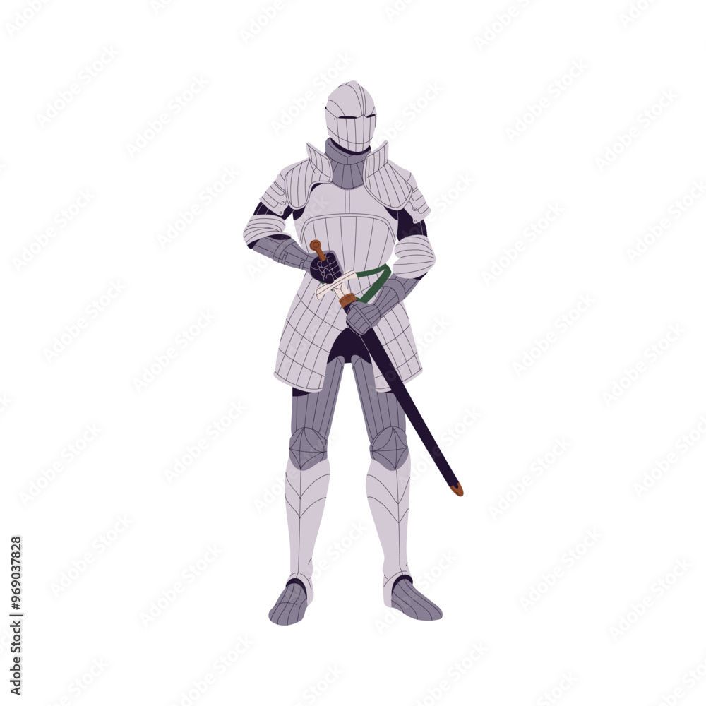 Ancient warrior of Spain army in helmet. Medieval Spanish knight in metal armour holds sword in hands. Historical soldier in steel armor with weapon. Flat isolated vector illustration on white Ancient warrior of Spain army in helmet. Medieval Spanish knight in metal armour holds sword in hands. Historical soldier in steel armor with weapon. Flat isolated vector illustration on white