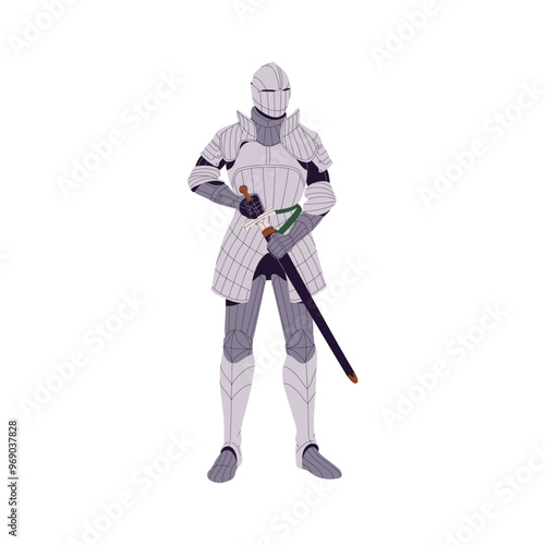 Ancient warrior of Spain army in helmet. Medieval Spanish knight in metal armour holds sword in hands. Historical soldier in steel armor with weapon. Flat isolated vector illustration on white