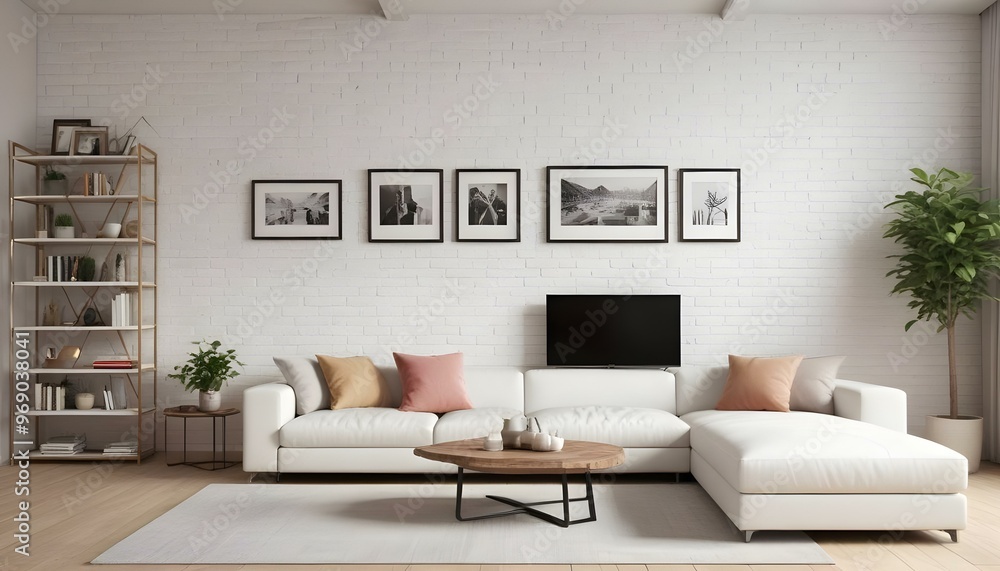 Photo modern style interior room 3d illustration Interior frame living room with colorful white sofa,led with blank frame Photo modern style interior room 3d illustration Interior frame living room with colorful white sofa,led with blank frame