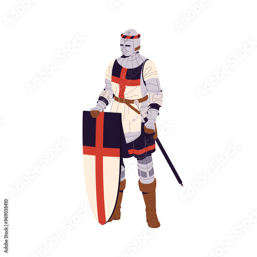 Medieval knight of Scotland with cross on shield. Ancient warrior in steel armor, helmet with sword. Historical soldier in armour with blade. Flat isolated vector illustration on white background