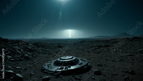 Fototapeta Naklejka Na Ścianę i Meble -  An alien spacecraft lies abandoned in a barren landscape under a dark, cloudy night sky, with a single lightning bolt illuminating the scene. The eerie stillness contrasts with the ominous