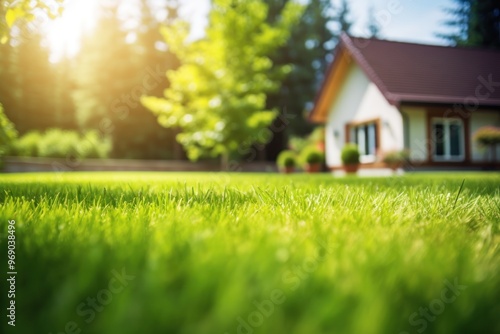 Wallpaper Mural Green grass lawn in the garden with cozy house in the background. Torontodigital.ca