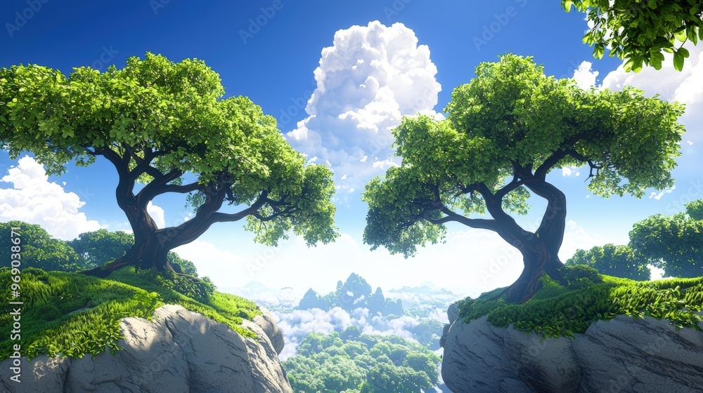Serene landscape featuring two trees on a cliff, surrounded by clouds and a bright blue sky, perfect for nature enthusiasts. Serene landscape featuring two trees on a cliff, surrounded by clouds and a bright blue sky, perfect for nature enthusiasts.