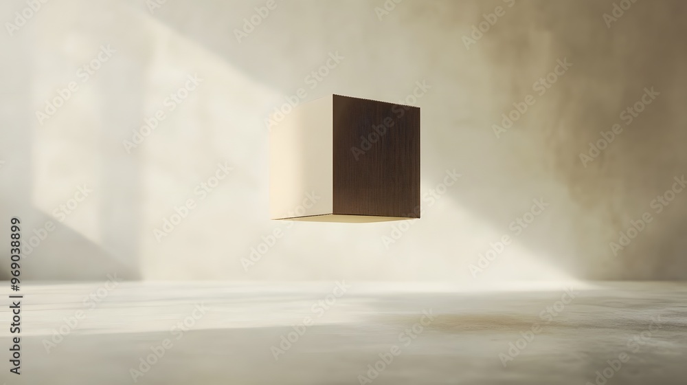 A single floating cardboard box in an empty space, warm ambient light creating a soft glow around the edges, neutral cream background, emphasis on the texture and material of the box, mood of A single floating cardboard box in an empty space, warm ambient light creating a soft glow around the edges, neutral cream background, emphasis on the texture and material of the box, mood of