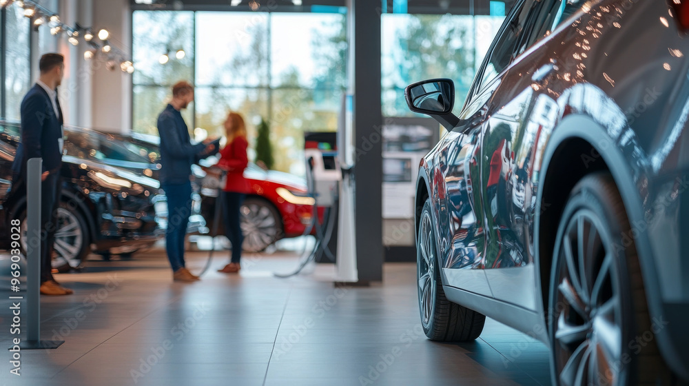 Eco-friendly car dealership with electric vehicles on display, customers learning about sustainable transportation options