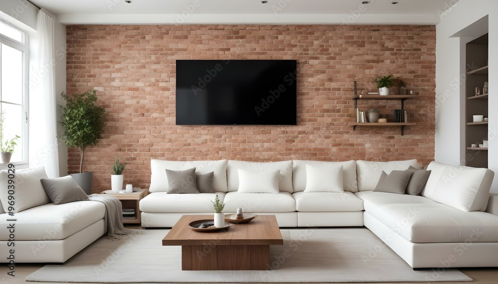 Photo modern style interior room 3d illustration Interior frame living room with colorful white sofa,led with blank frame Photo modern style interior room 3d illustration Interior frame living room with colorful white sofa,led with blank frame