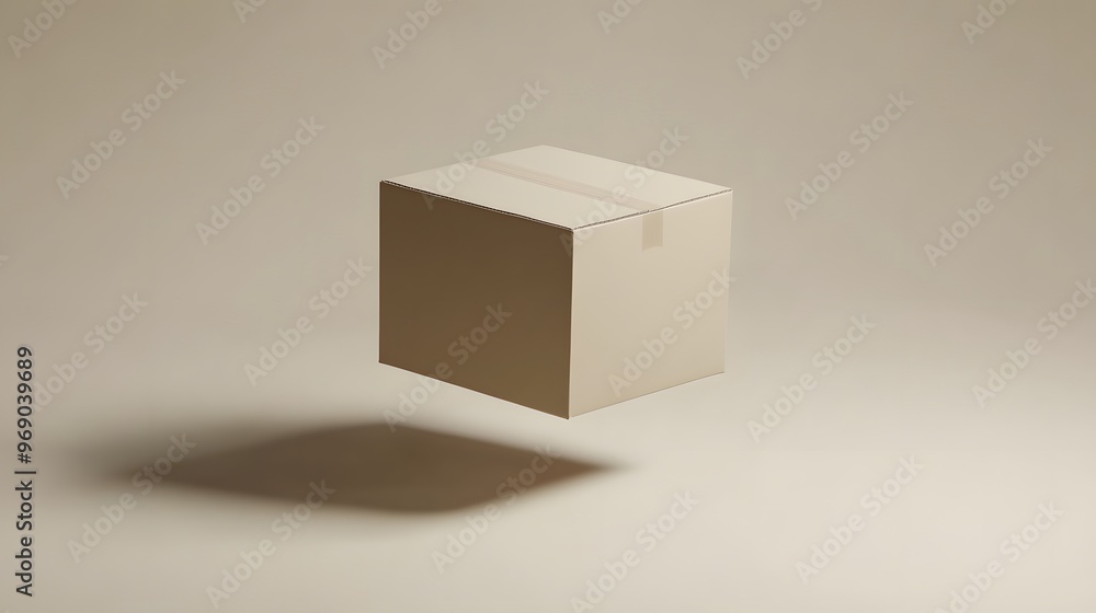 Fototapeta premium A single cardboard box floating gently, side lighting casting a soft shadow, neutral beige background, focus on the box minimalist design, mood of calm and simplicity, clean and modern aesthetic