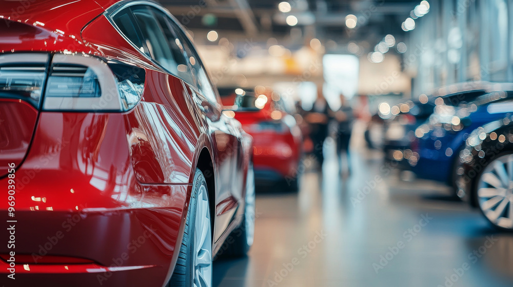 Fototapeta premium Eco-friendly car dealership with electric vehicles on display, customers learning about sustainable transportation options