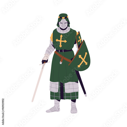 Medieval Ireland knight in steel armor, helmet holds sword. Ancient warrior with cross on shield. Historical soldier in armour with blade in hand. Flat isolated vector illustration on white background