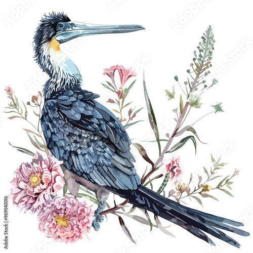 Frigatebird Floral Hand-drawn Watercolor Illustration