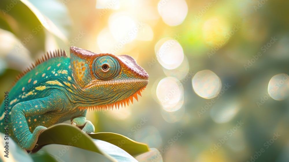 Chameleon on a Green Leaf with Bokeh Background Chameleon on a Green Leaf with Bokeh Background