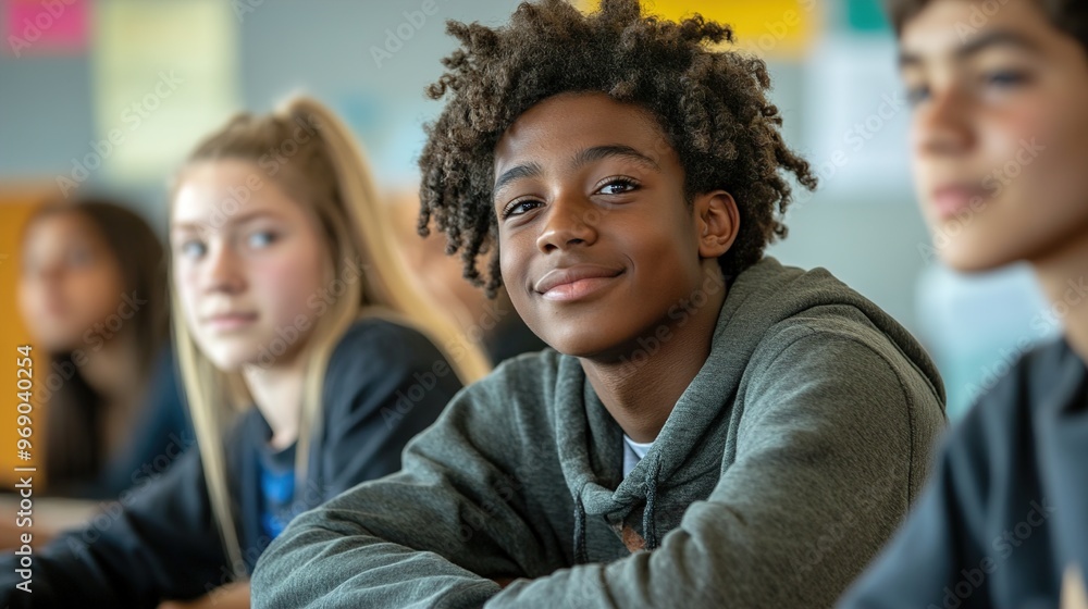Obraz premium Diverse Group of Students Engaged in Vibrant Classroom Learning with Hopeful Energy and Natural Light