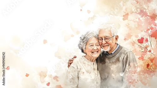 Watercolor illustration of a heartwarming Grandparents Day scene, featuring an elderly couple with warm smiles, surrounded by delicate floral accents and soft white background, gentle light creating