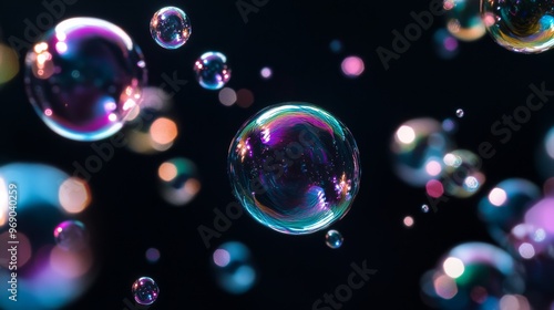 Colorful soap bubbles floating on a dark