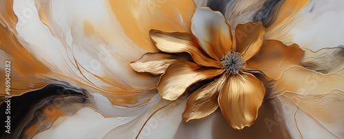 Panel kuchenny z motywem Abstrakcyjny złoty kwiat. Tło z motywem kwiatowym, akryl i akwarela