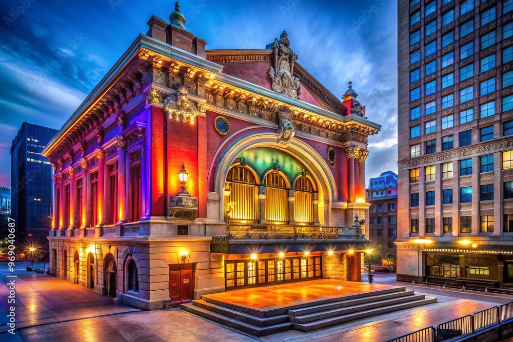 Fototapeta premium Concert stage lights illuminate the historic Providence Performing Arts Center, situated amidst the city's vibrant downtown area, surrounded by ornate architecture.