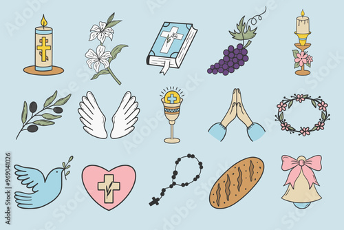 This First Communion icon set features beautifully crafted symbols ideal for religious projects. Perfect for church events, invitations, or educational materials. 