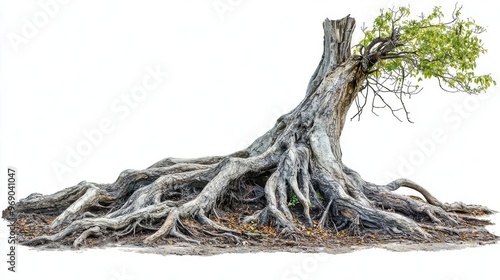 A collection of tree roots exposed from a cut tree, isolated on white background photo