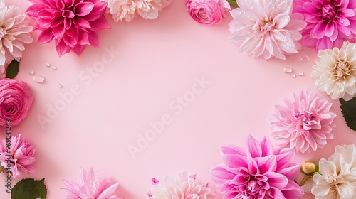 Dew-Touched Flower Border on Subtle Pastel Surface, Top View Minimalist Design with Ample Copy Space for Clean Layout