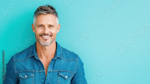 A mature man with salt-and-pepper hair and a friendly smile stands against a bright teal background, wearing a denim shirt. The image radiates positivity and confidence.