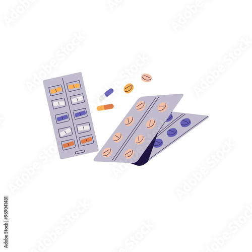 Pill blisters with different tablets, remedies. Packs of medicines. Packages of medicaments, drugs, medical prescriptions. Pharmacy, healthcare. Flat isolated vector illustration on white background