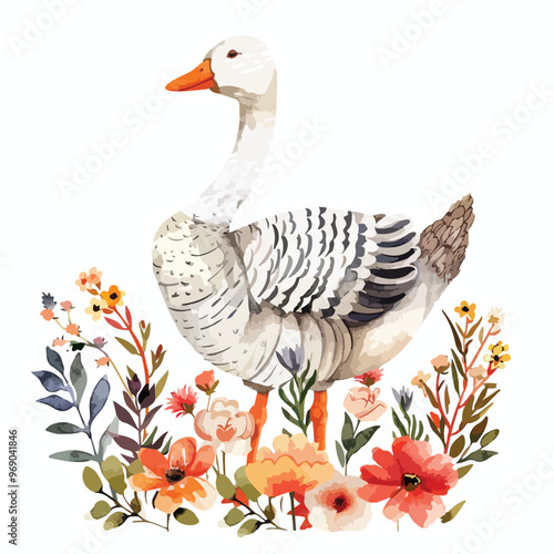 Elegant Goose Floral Watercolor Illustration