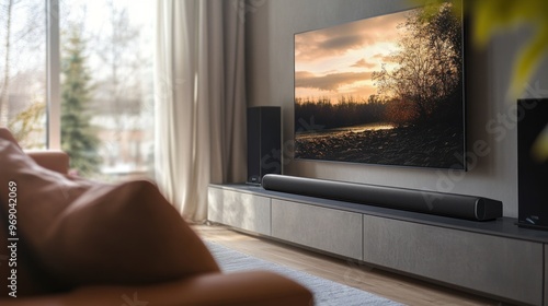Soundbar in a Modern Living Room with a Scenic Television Display